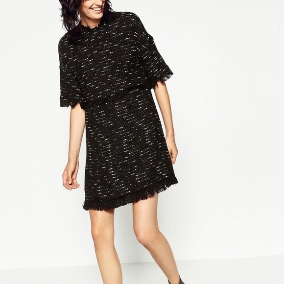 Zara Black & White Tweed Fringe Mini Dress Size XS - Picture 1 of 7